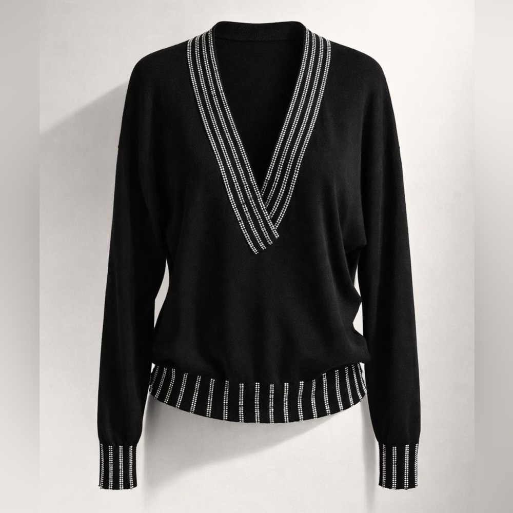 Laura Biagiotti VTG V-Neck Cashmere/Wool sweater, sequin stripes, black, 38 (4)